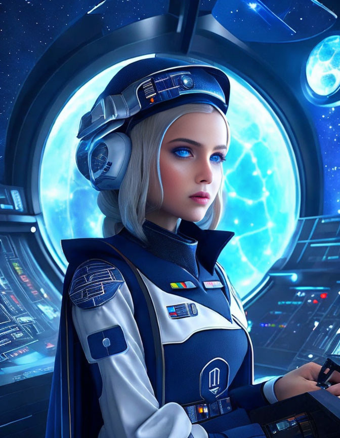 Blonde woman in futuristic space uniform by spaceship window