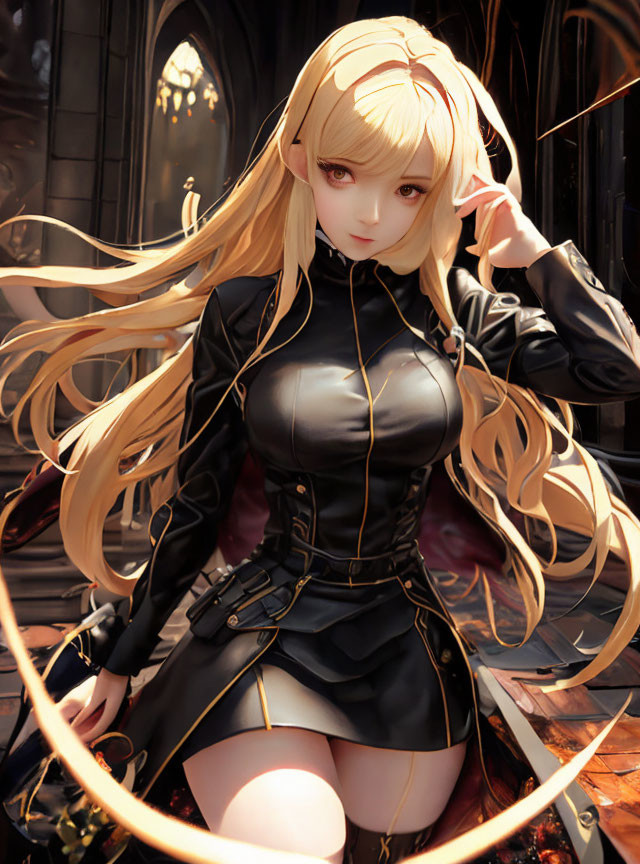 Blonde Anime Character in Black Outfit in Gothic Setting