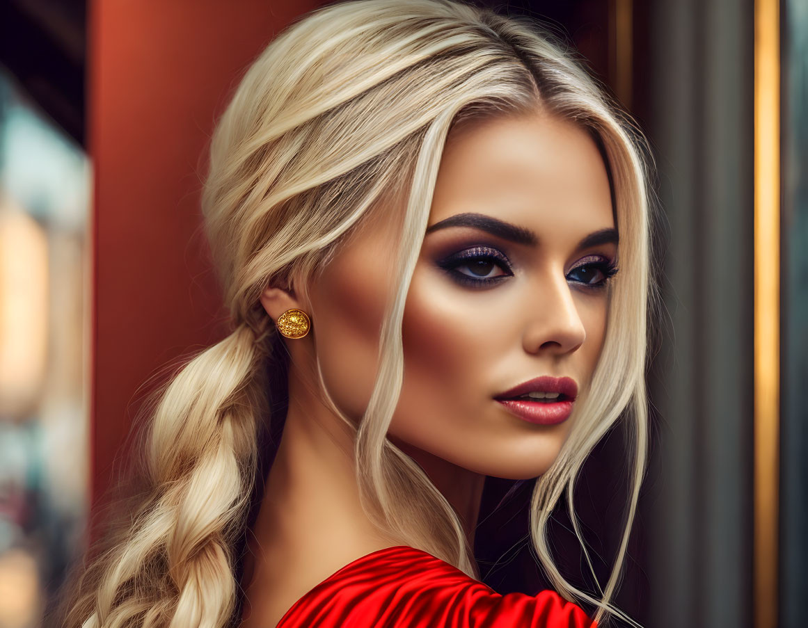 Blonde woman with side braid, bold makeup, red outfit, and golden earring