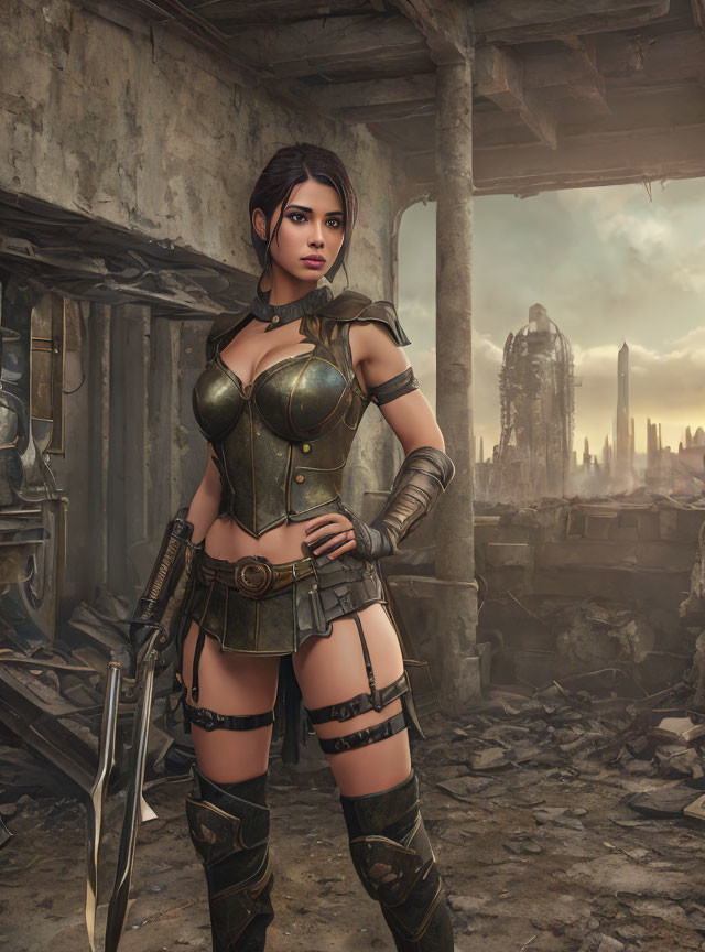 Female warrior in post-apocalyptic setting with armor and sword among ruins