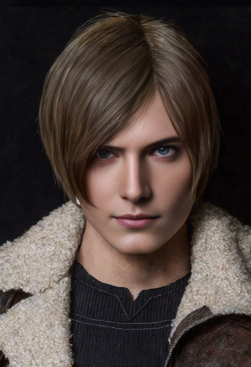 Portrait of a person with short brown hair, fair skin, and intense blue eyes in a warm jacket