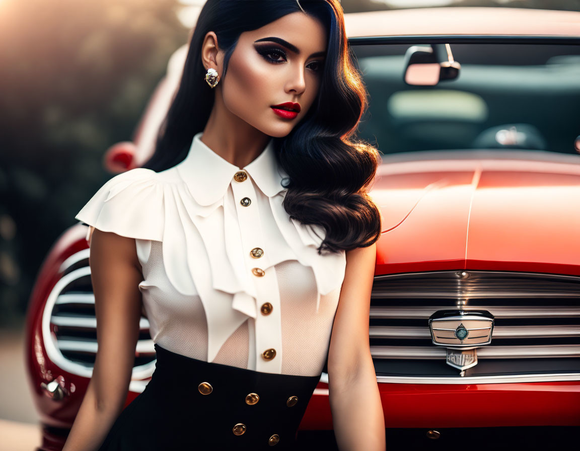 Stylish woman in white blouse and black skirt poses with classic red car