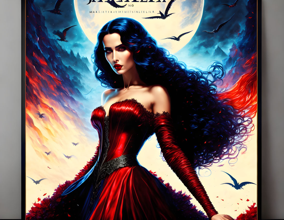 Dark-haired woman in red and black Gothic dress with bats and fiery backdrop.