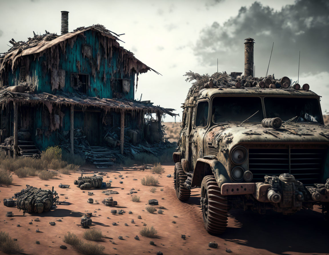 Abandoned truck and shacks in barren desert with scattered debris