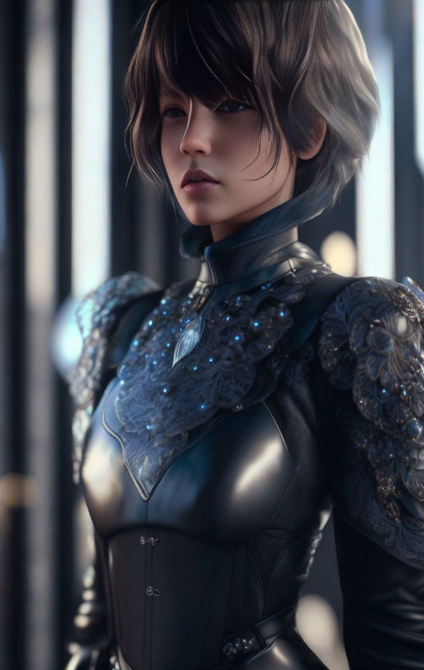 Short-haired woman in intricate fantasy armor with ornate shoulder plates.