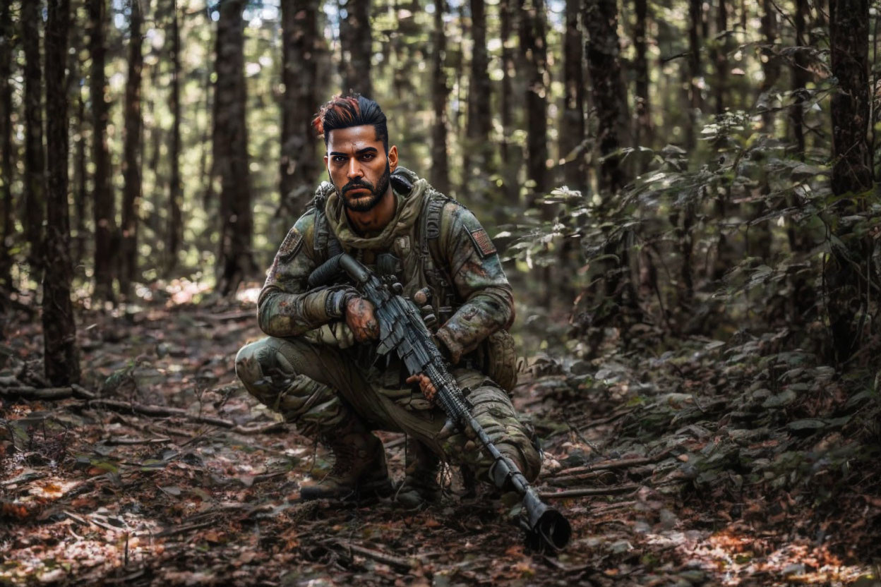 Military person in camouflage with assault rifle kneels in forest