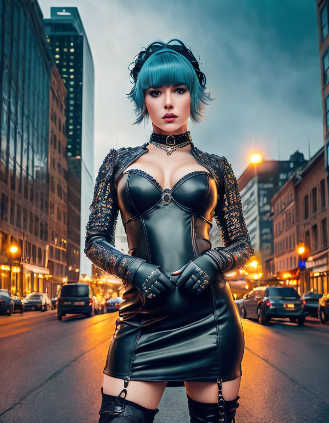 Woman with blue hair in Gothic attire in urban street at dusk