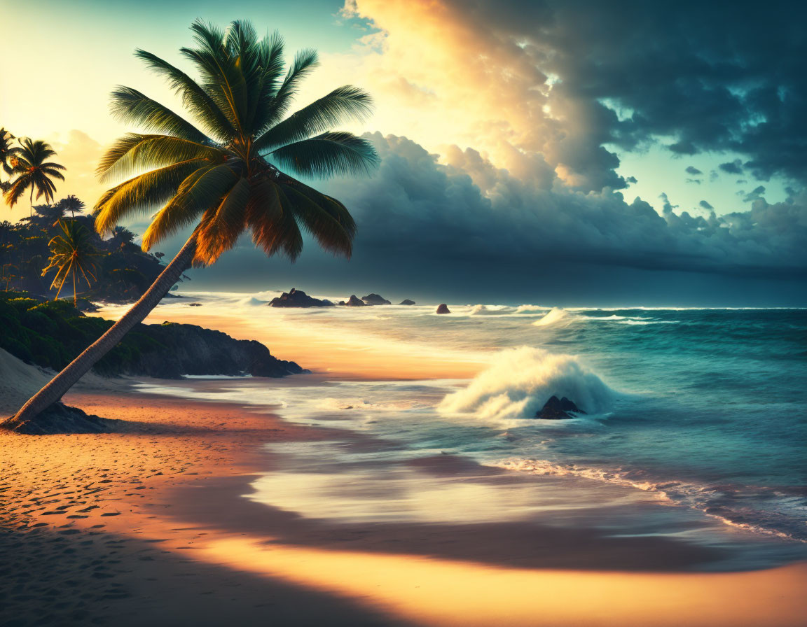 Sunset tropical beach with leaning palm tree, crashing waves, and dramatic sky.