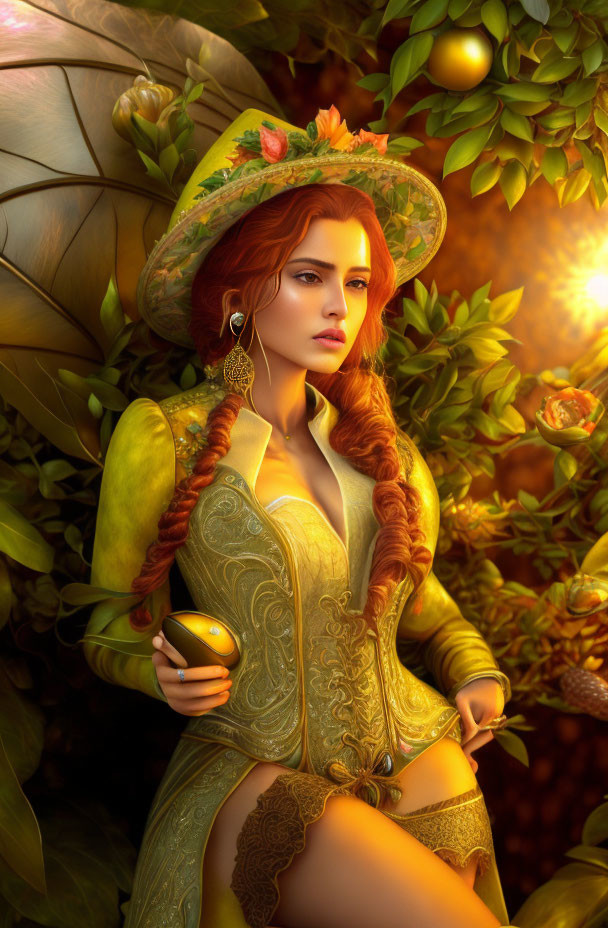 Fantasy-inspired digital artwork of a woman with red hair in embroidered outfit