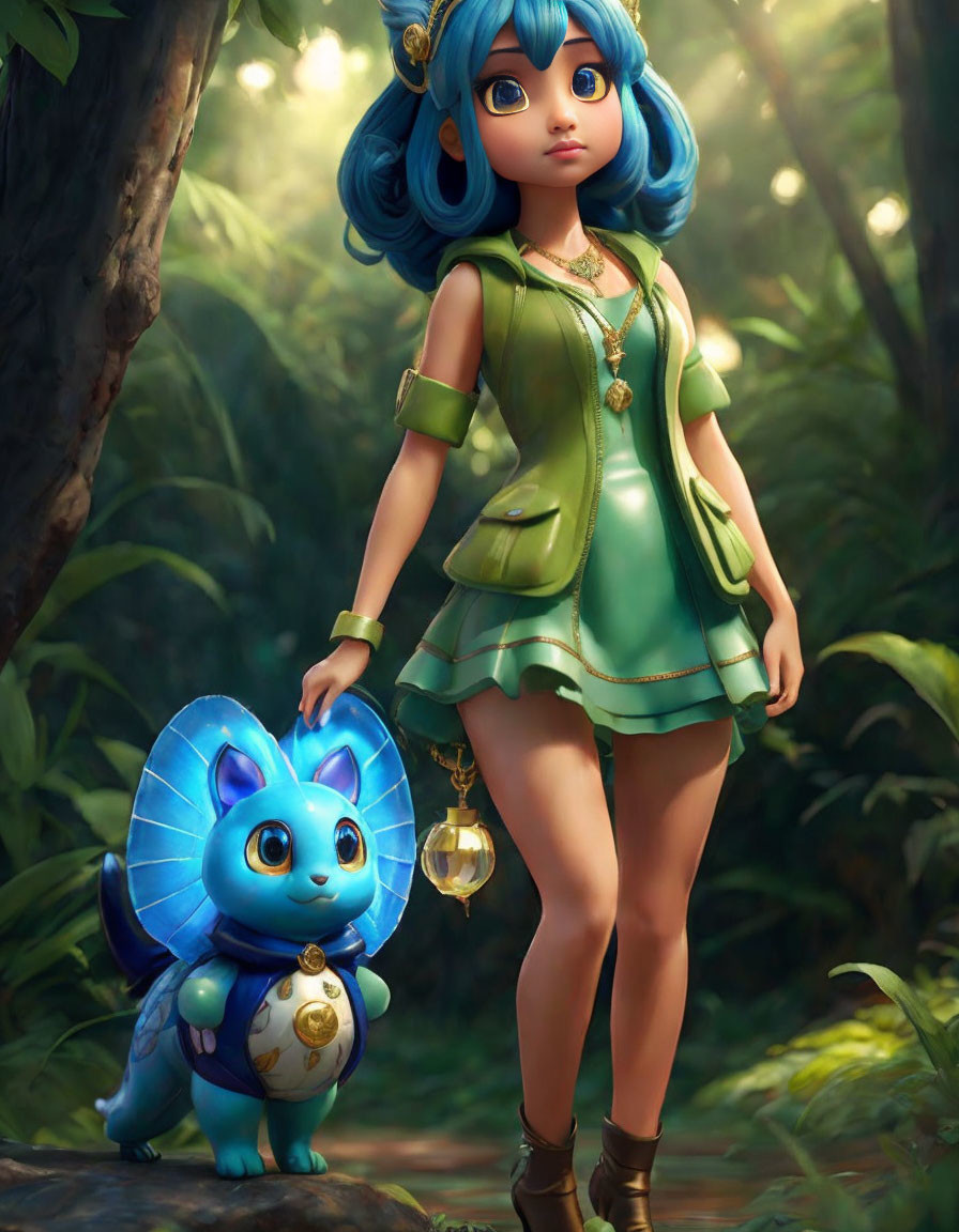 Blue-haired girl and cat-like creature with golden pendants in forest