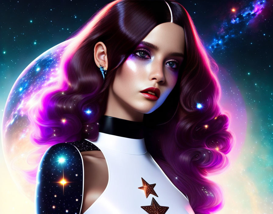 Digital artwork: Woman with purple space hair and makeup in futuristic white outfit against cosmic backdrop