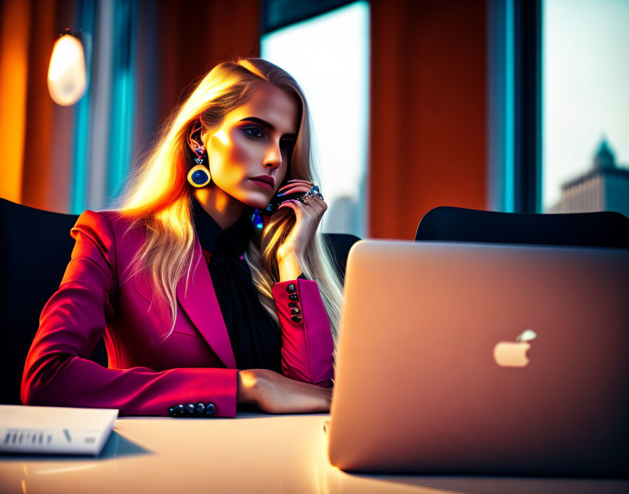 Professional woman in pink blazer working on laptop at sunset with warm lighting.