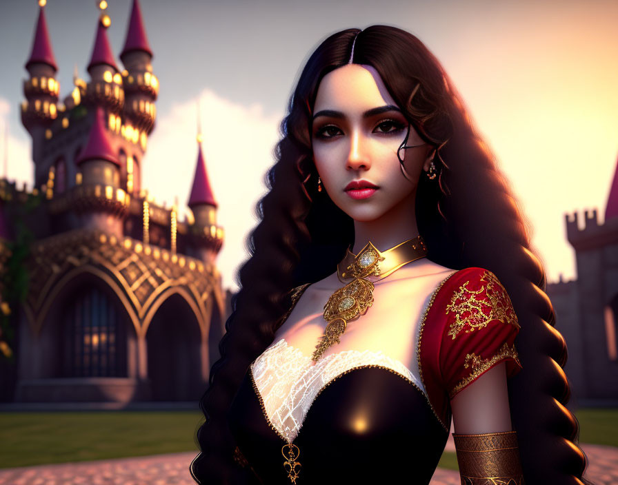 Digital art: Woman in medieval attire at sunset castle