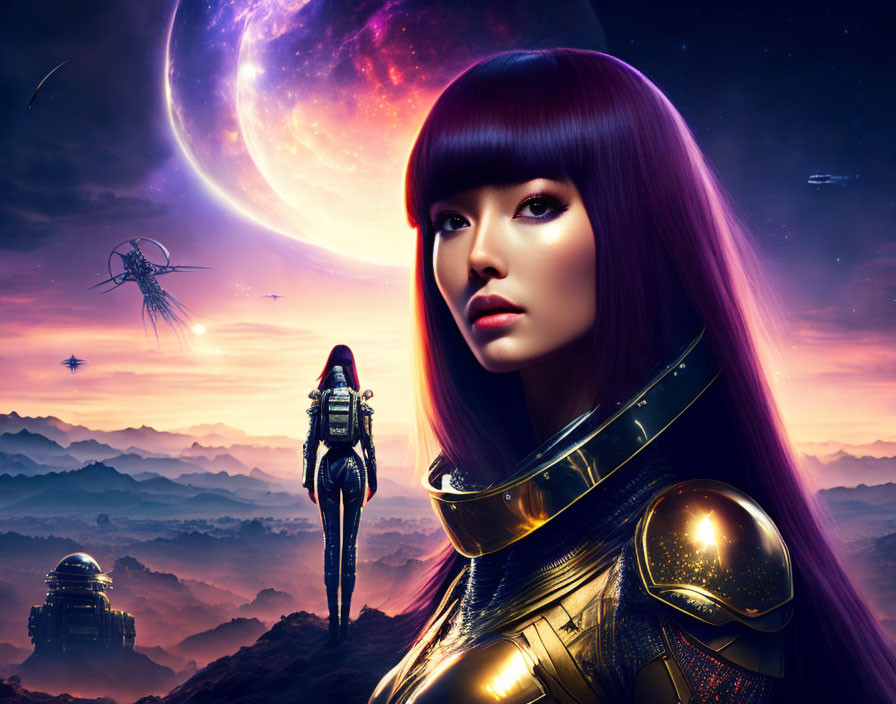 Futuristic portrait of woman with purple hair in cosmic scene