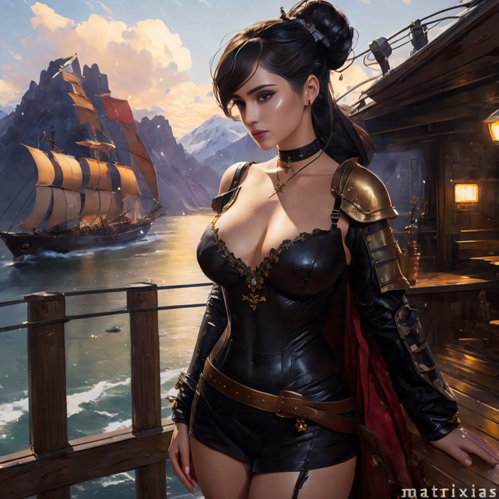 Fantasy pirate-themed female character in black and gold outfit on ship deck.