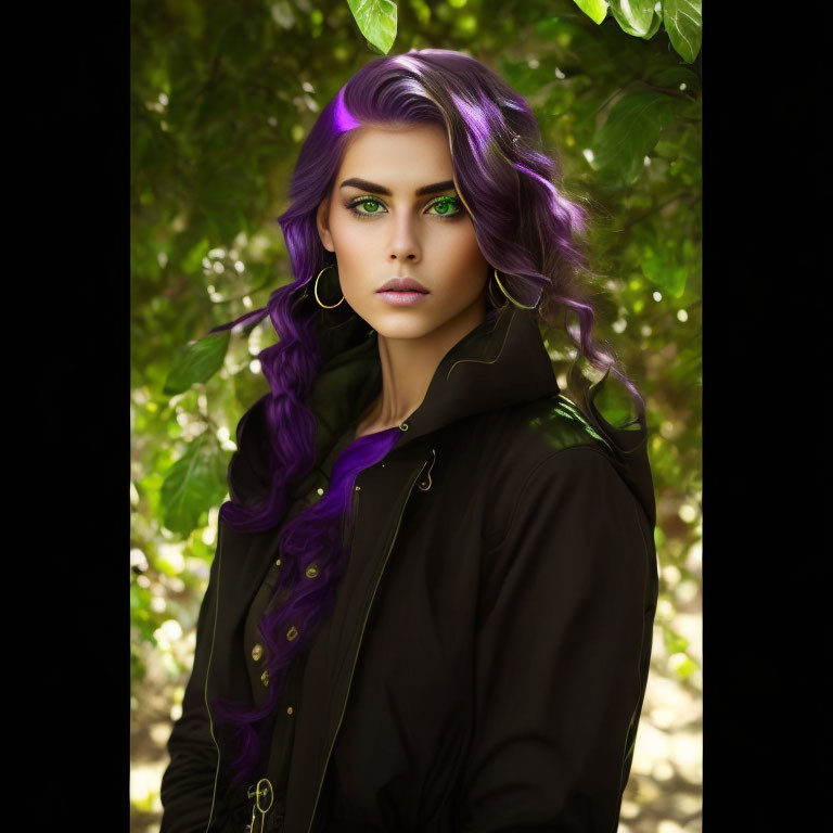 Vibrant purple hair and green eyes woman in dark jacket with sunlight on leafy green backdrop