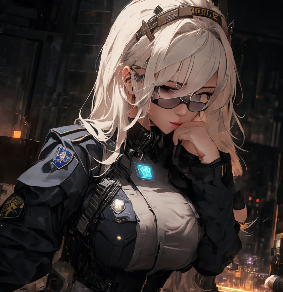 Silver-haired anime character in glasses with police uniform in futuristic cityscape.