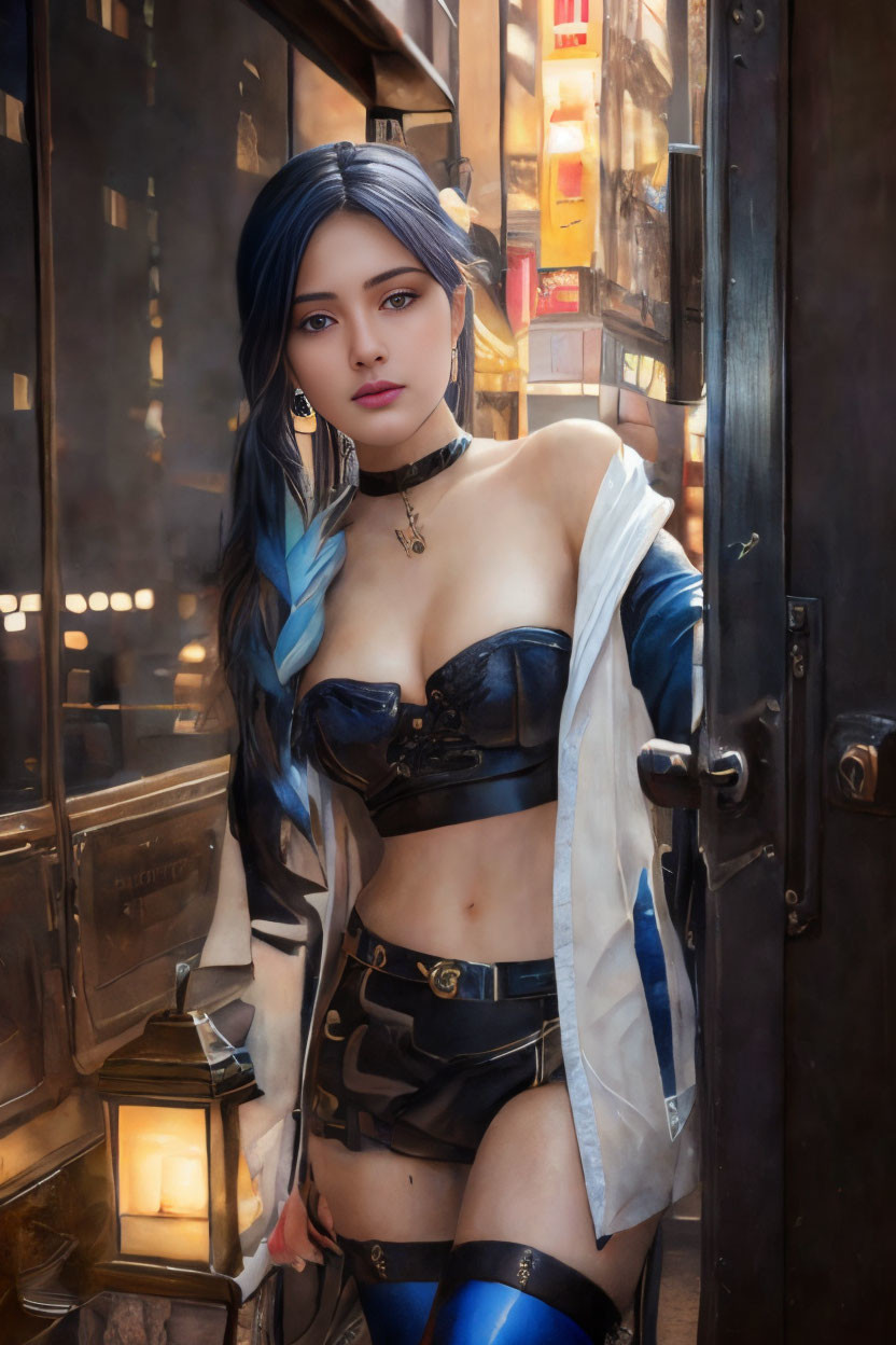 Stylized digital artwork of a woman with blue hair and black outfit posing in front of an open