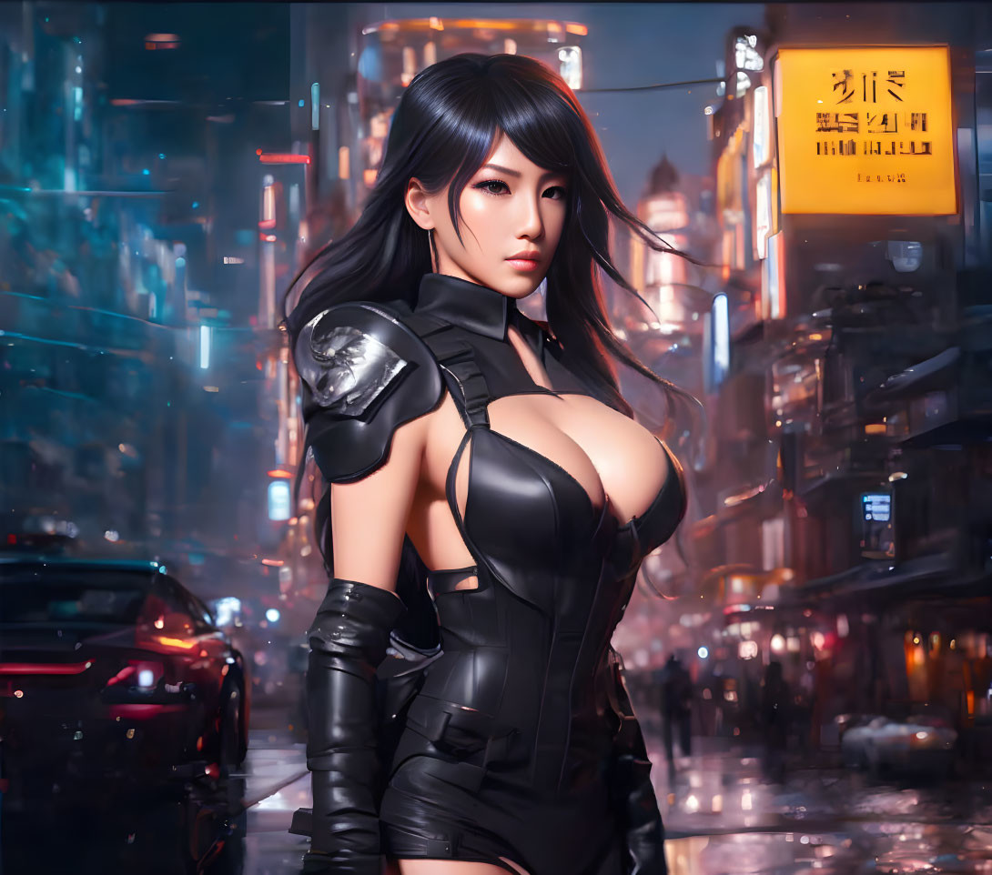 Digital artwork: Woman with long black hair in futuristic cityscape at night wearing black bodysuit and