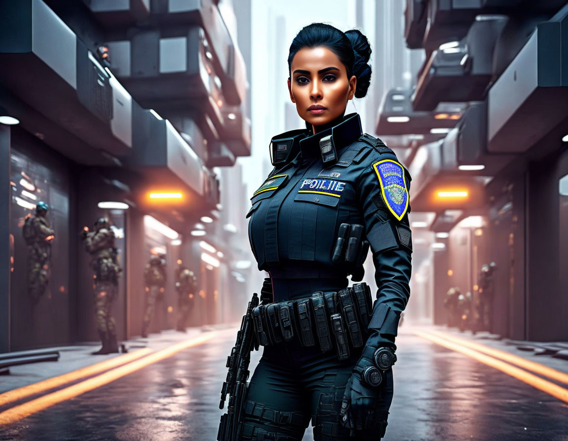 Female police officer in futuristic armor in neon-lit corridor with fellow officers