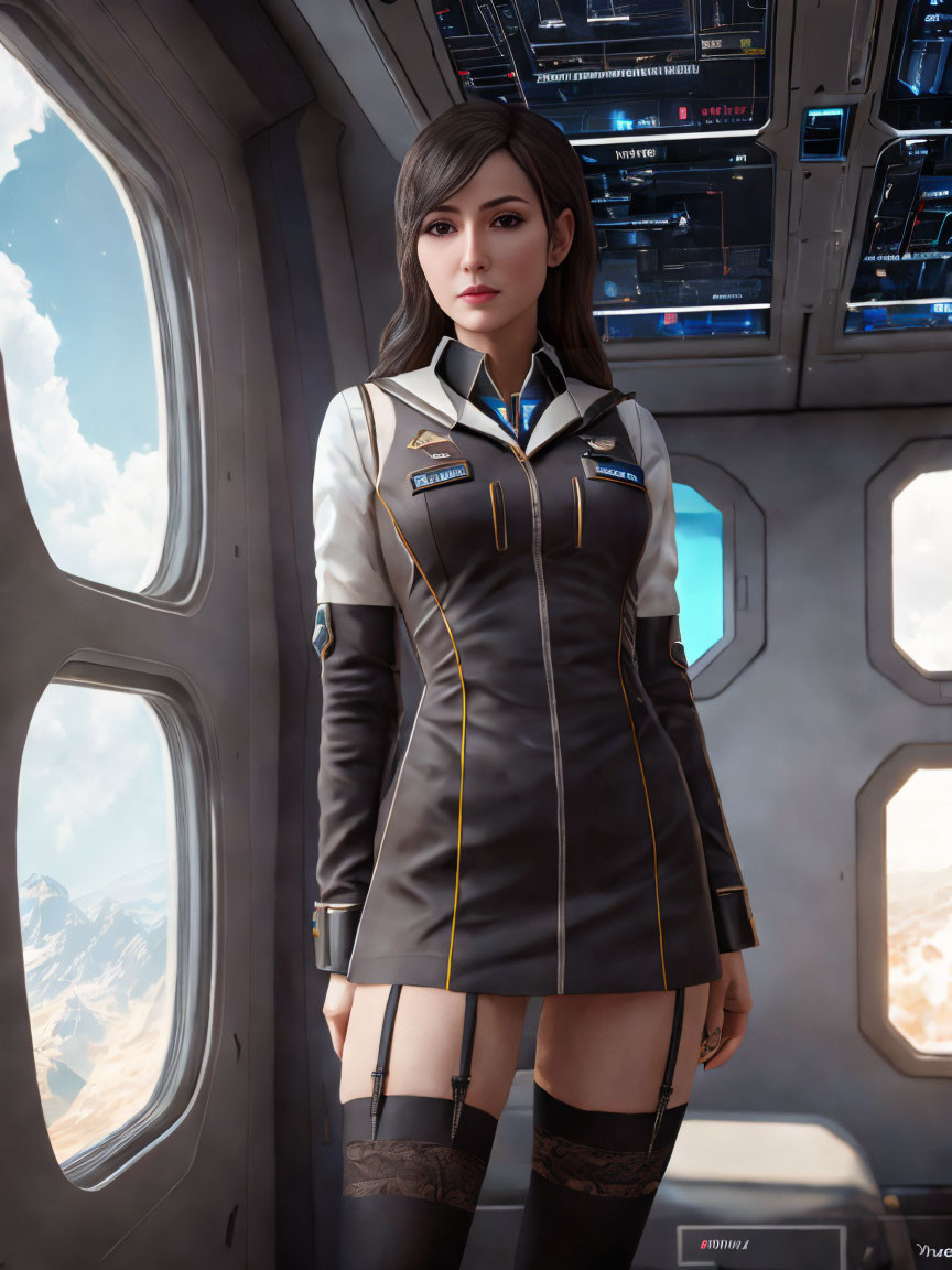 Futuristic digital artwork of woman in spacecraft cockpit with mountain view