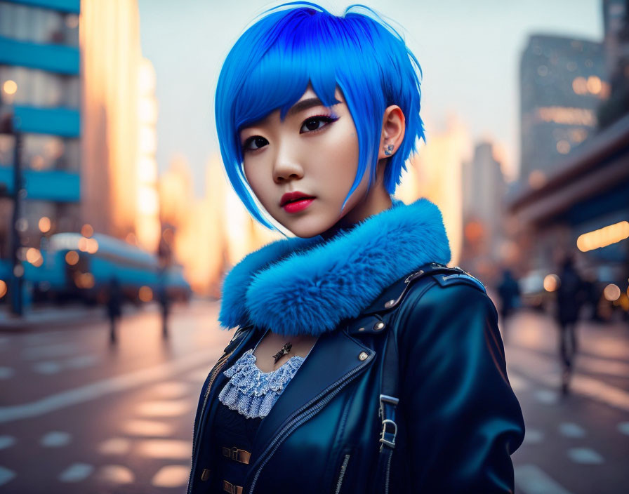 Vibrant Blue Hair and Leather Jacket City Street Pose at Twilight