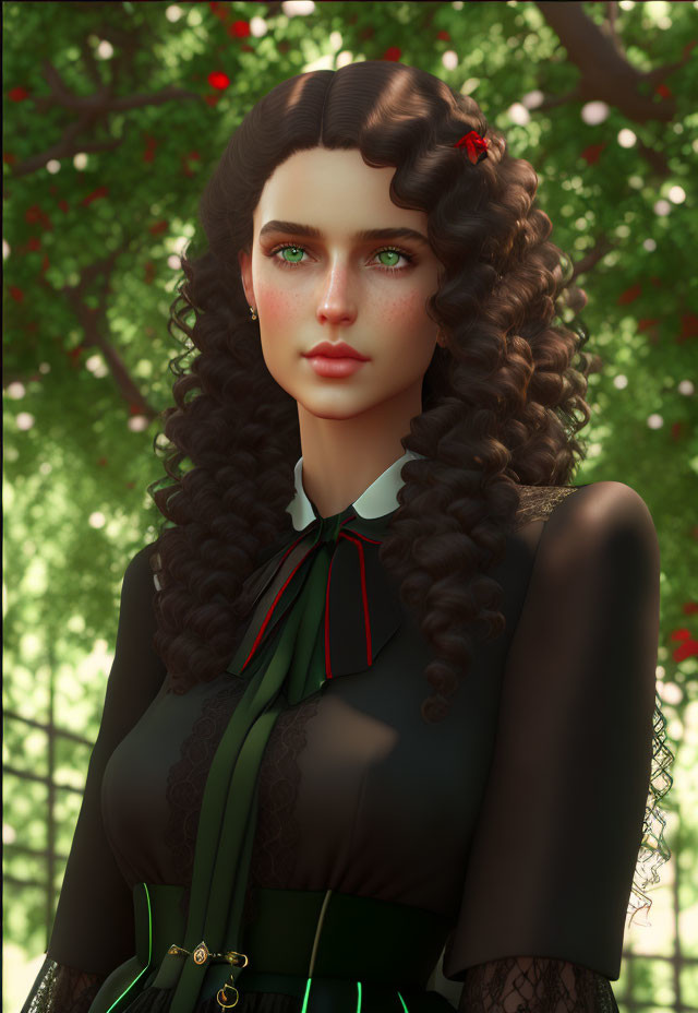 Digital artwork: Woman with curly hair, green eyes, black dress, green and red ribbon, surrounded