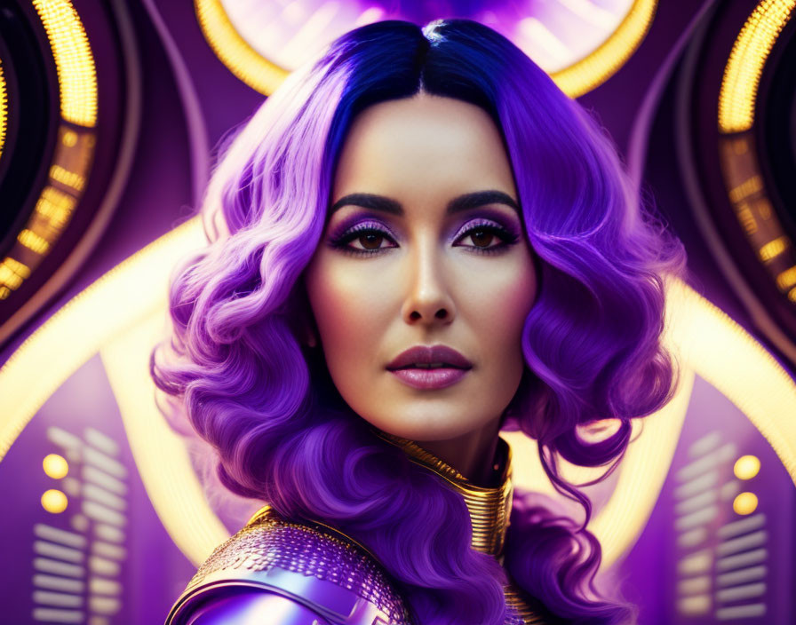 Stylized portrait of woman with purple hair in futuristic attire on geometric background