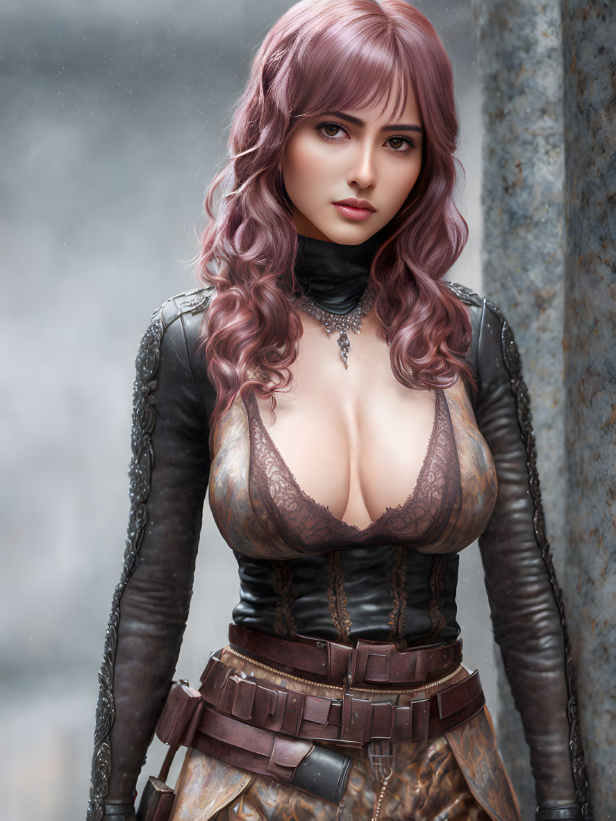 Pink-haired woman in fantasy leather outfit with cleavage-revealing corset and ornate accessories.