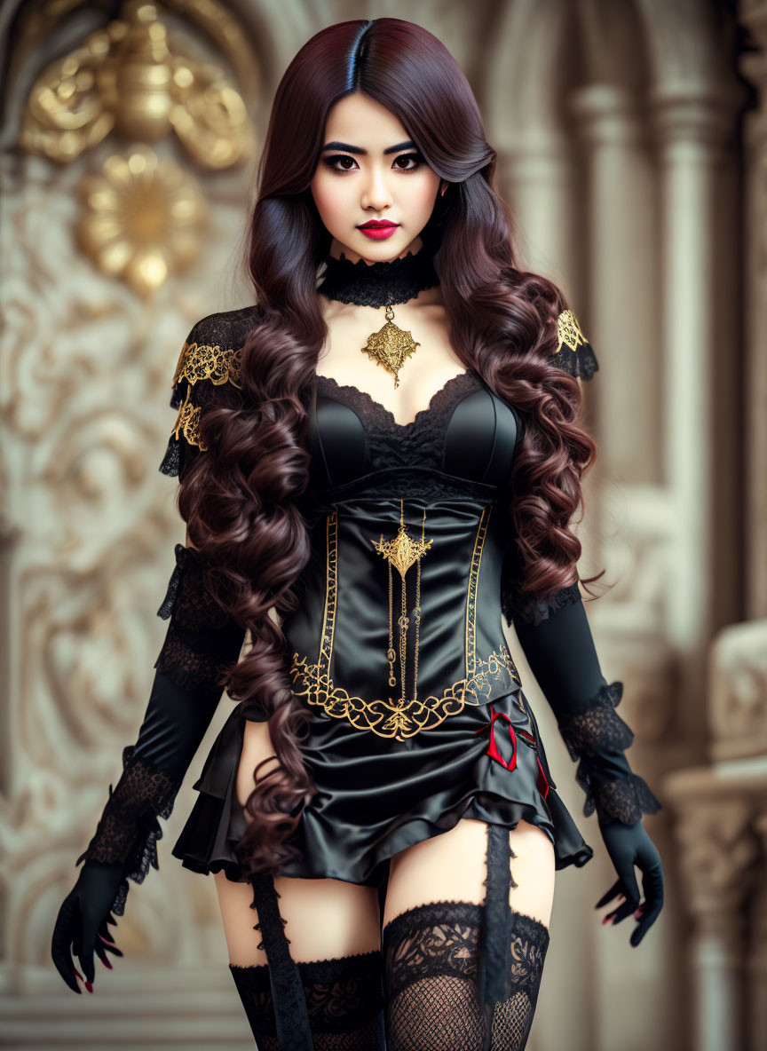 Elaborate Gothic-inspired costume with corset and lace details