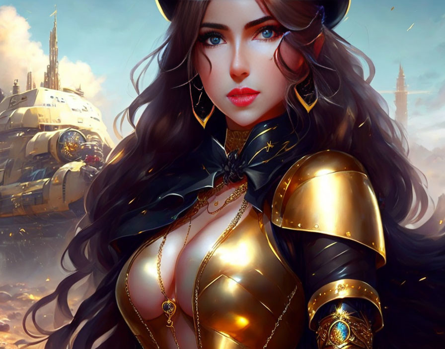 Female warrior in golden armor with blue eyes in futuristic city.