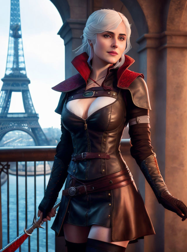 Fantasy woman with white hair and sword in front of Eiffel Tower