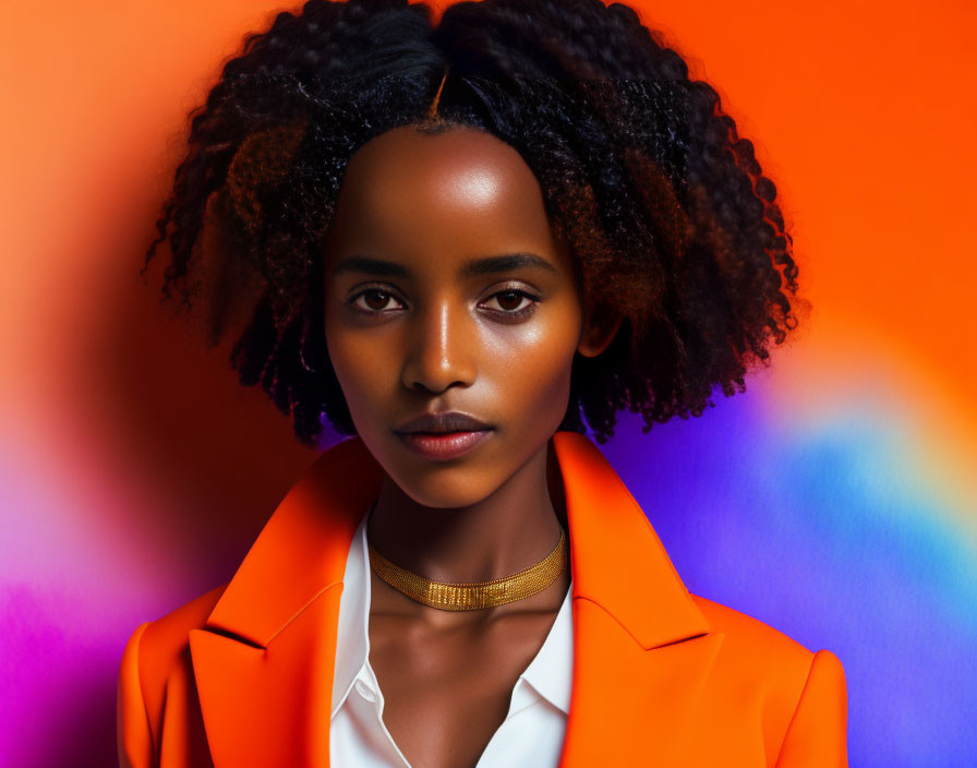 Stylish woman with afro hair in orange blazer on vibrant background