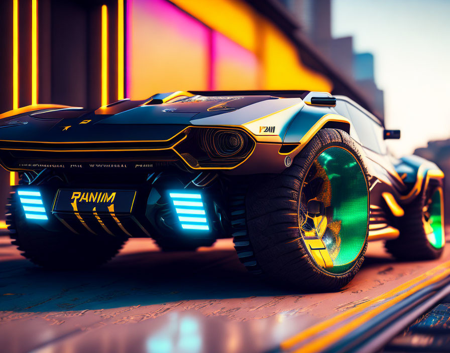 Futuristic car with glowing wheels and neon highlights on urban street at dusk