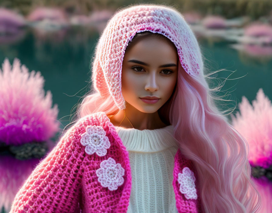 Woman with Pastel Pink Hair and Knitted Hood by Tranquil Pink Lake