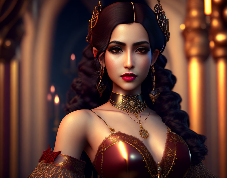 3D-rendered woman in gold jewelry and red dress against gothic backdrop