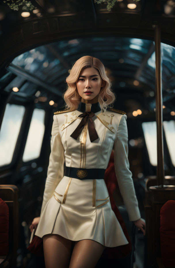 Confident Woman in White Uniform in Vintage Train Car