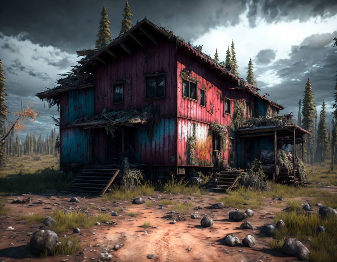 Abandoned two-story house with peeling red paint in forest setting