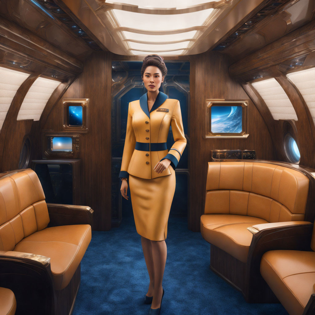 Woman in yellow uniform in luxurious private jet with leather seats