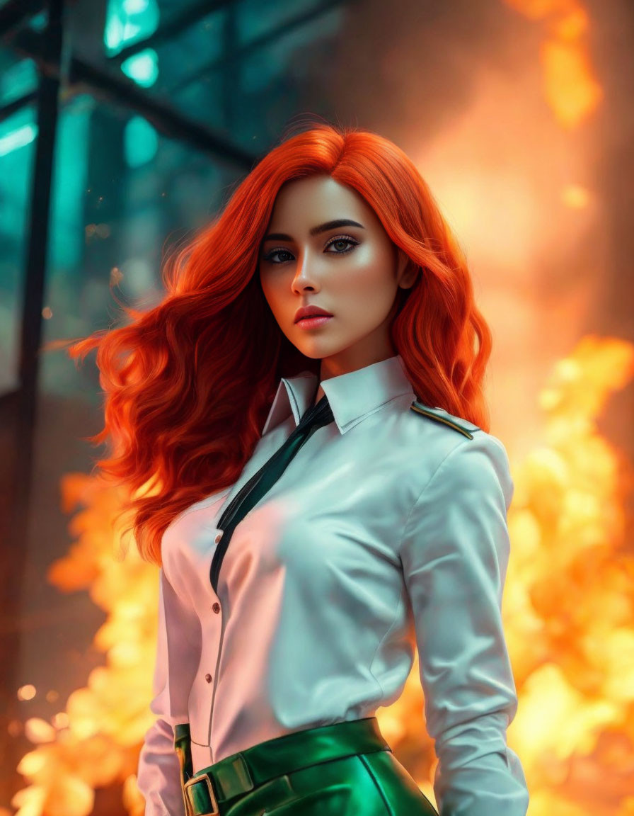 Vibrant red hair woman in white blouse and green pants on fiery orange backdrop