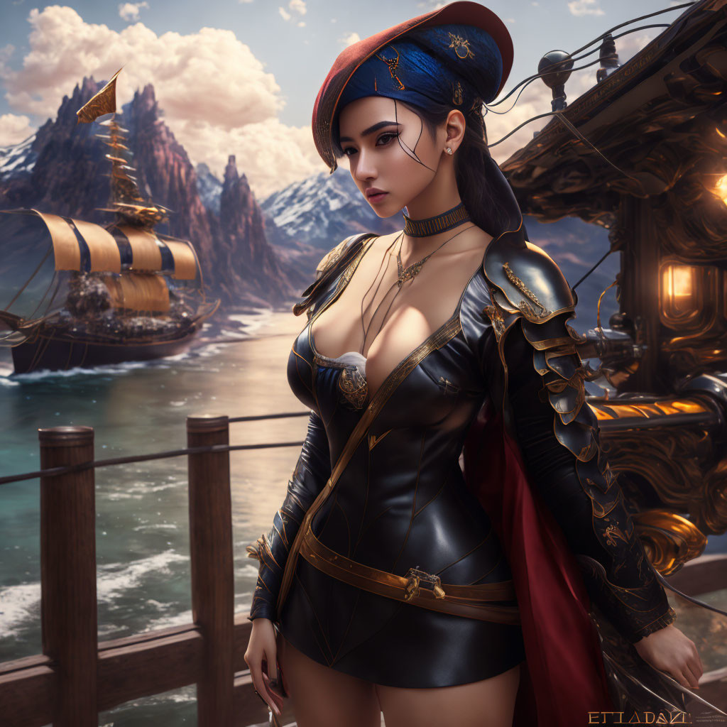 Fantasy pirate woman digital art with ship and rocky peaks