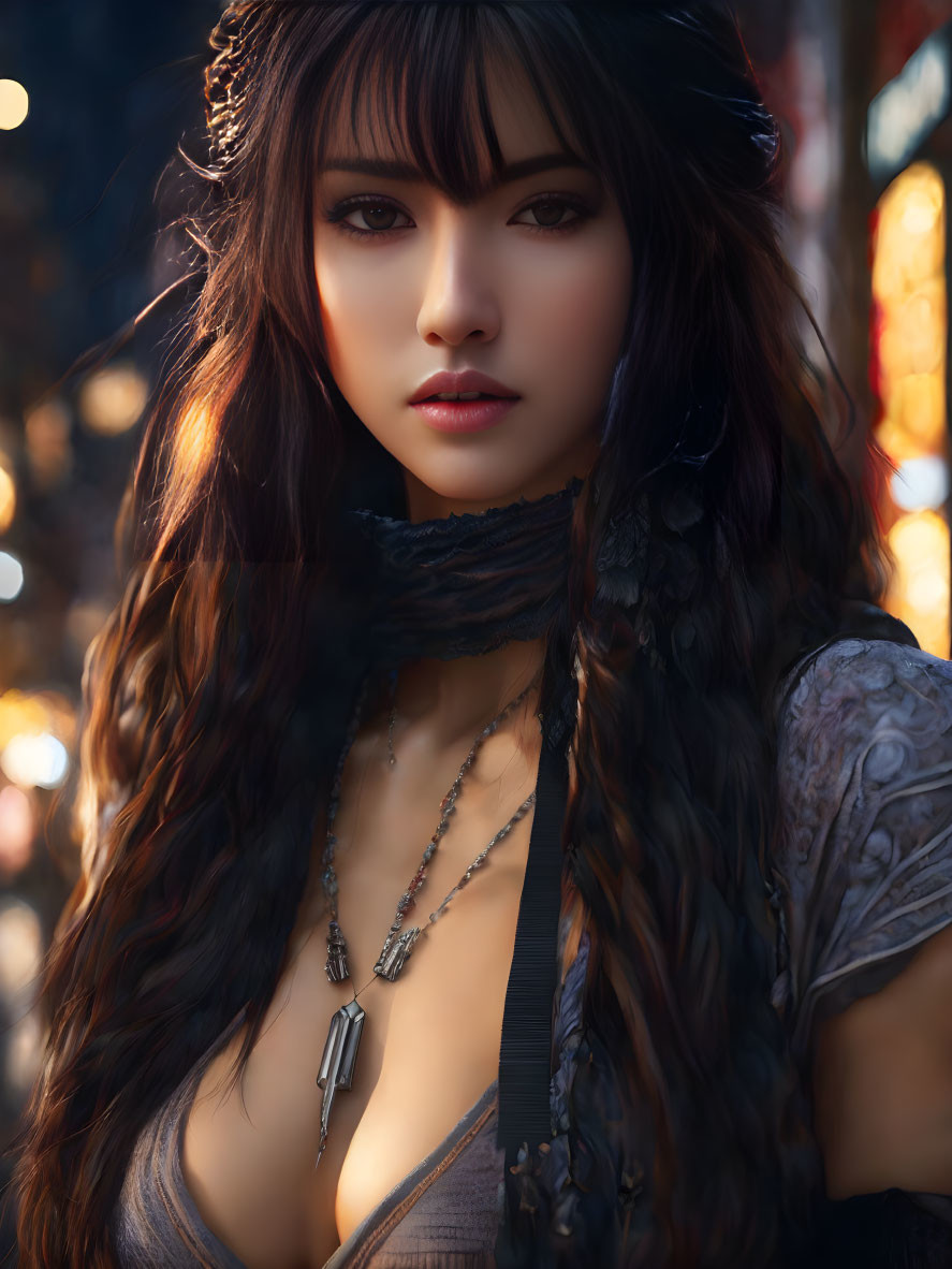 Dark-haired woman with piercing eyes in detailed armor, scarf, and necklace against bokeh background