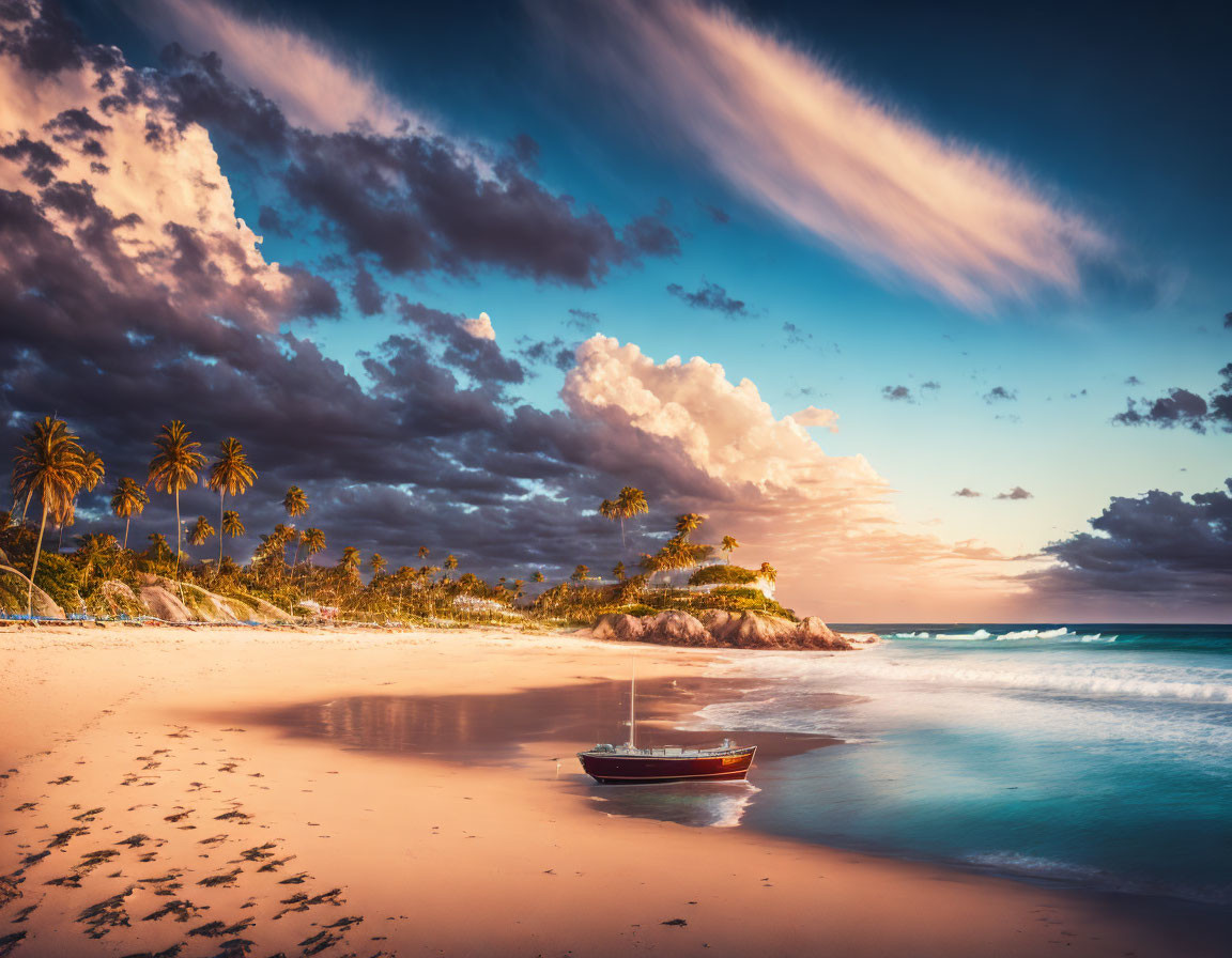 Tranquil sunset beach scene with lone boat, palm trees, dramatic clouds