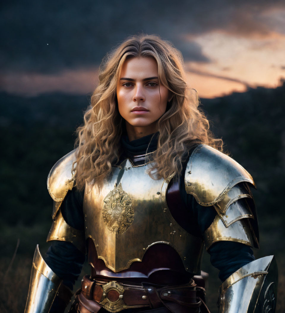 Blond person in armor against dusky sky.