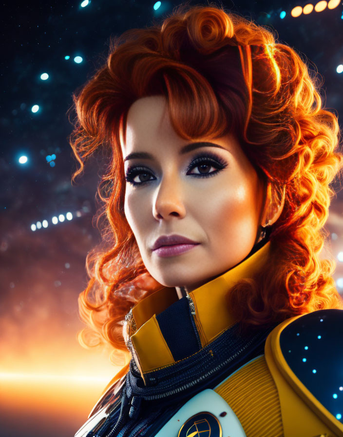 Vibrant red-haired woman in futuristic space suit against cosmic backdrop