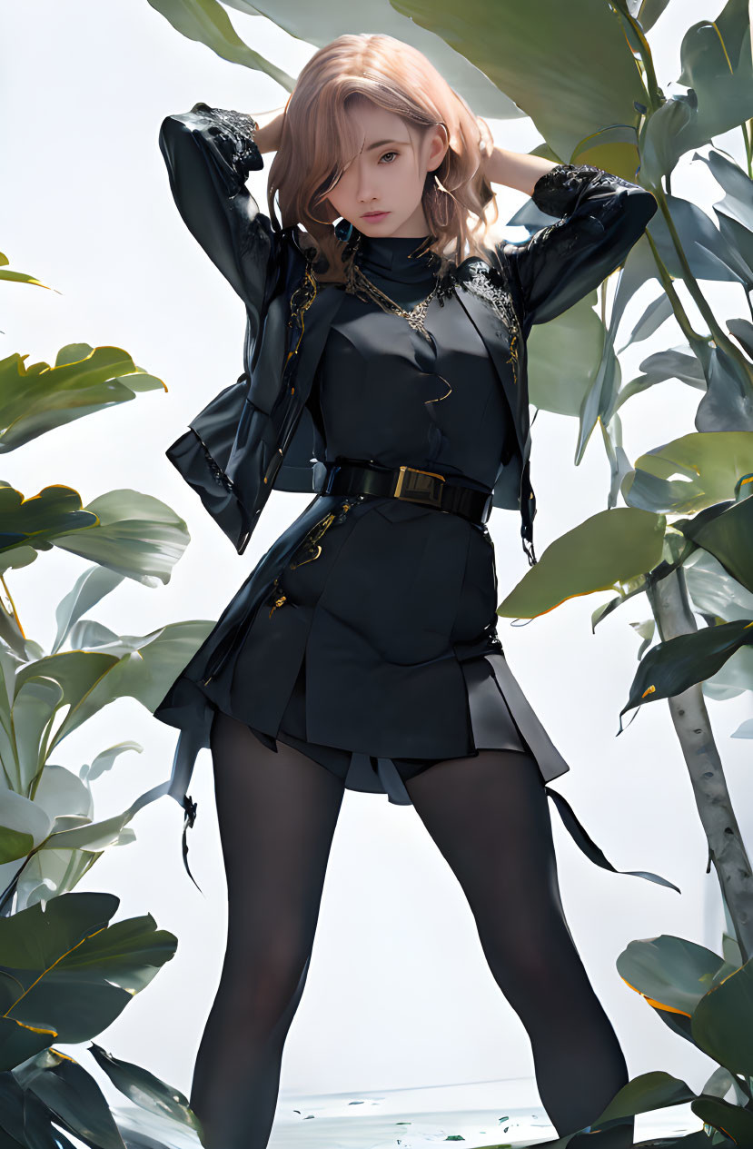 Blond Woman in Stylish Black Outfit Among Green Foliage