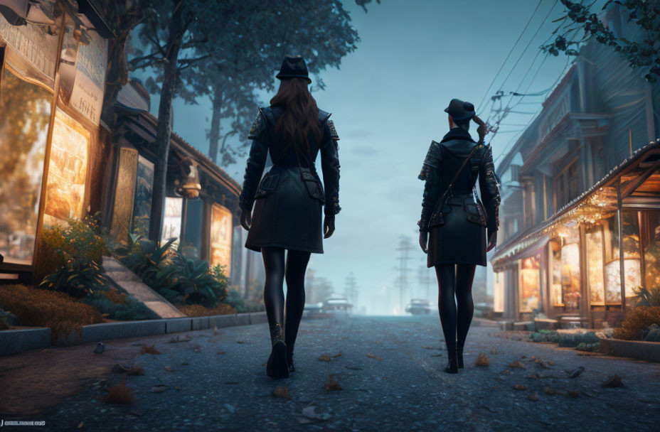 Two women in trench coats and hats stroll down a foggy, lamp-lit street at dusk