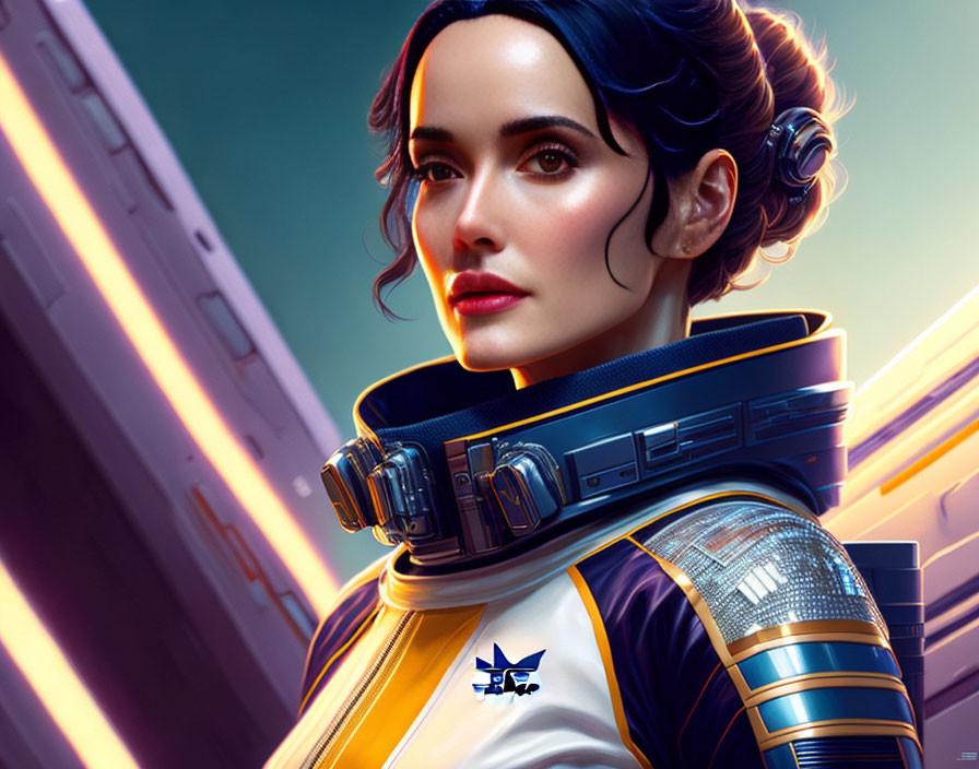 Futuristic digital art portrait of woman in space uniform