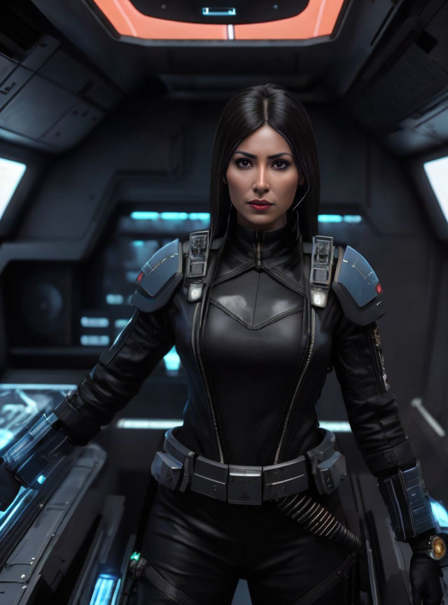 Futuristic woman in black outfit with glowing blue elements in spacecraft cockpit