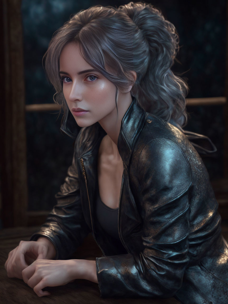 Silver-haired woman in black leather jacket with blue eyes on dark background